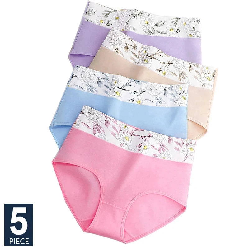 5Pcs/Set High Waist Panties Women Breathable Cotton Underwear Cute Print Seamless Briefs Sexy Girls Slimming Underpants