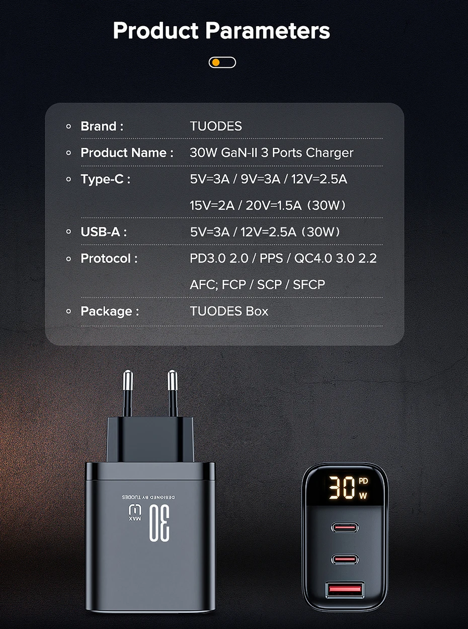 Tuodes 30W GaN USB Charger 3-Ports USB Type C Fast Charging PD3.0 Quick Charge Wall Adapter For iPhone 17 16 Samsung Xiaomi iPad
