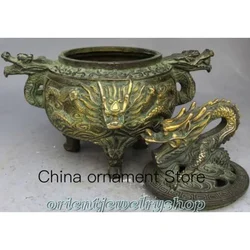 Marked Bronze Dragon Lion Beast Censer Gold-Plated Tripod Censer Statue