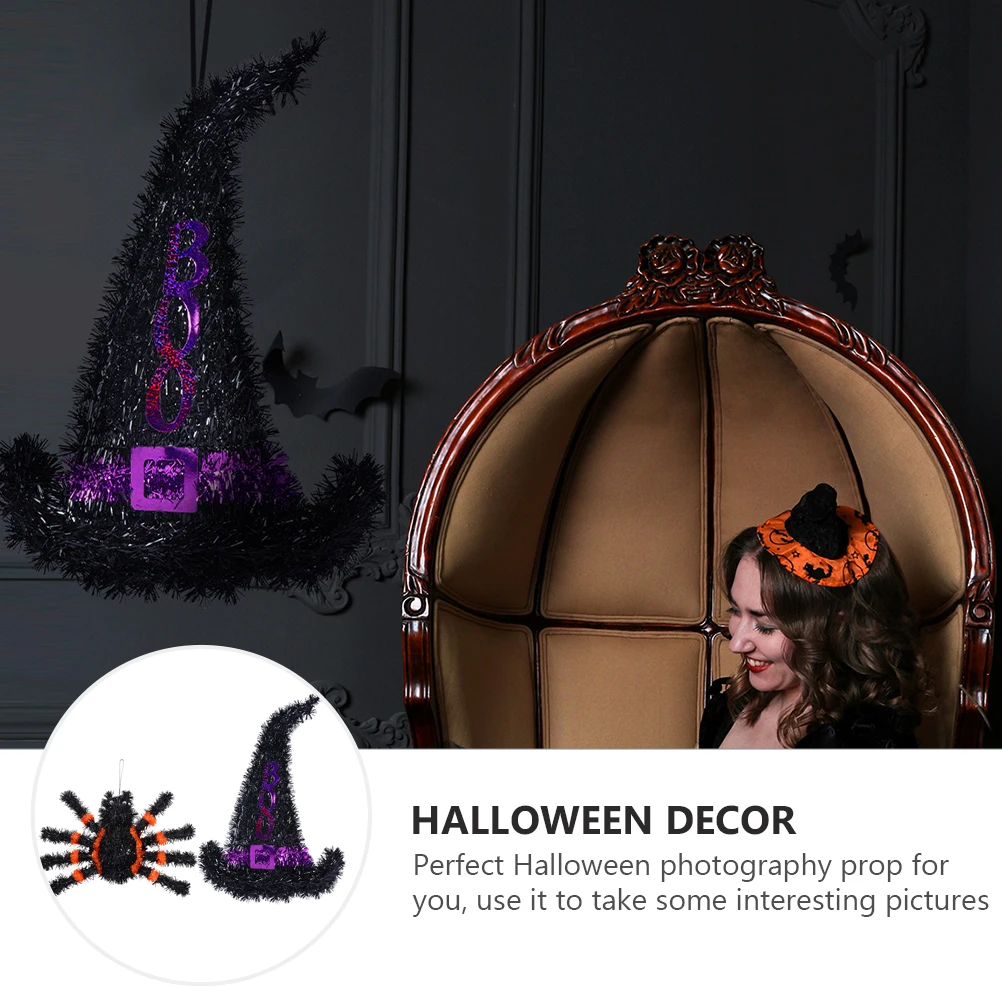 

2Pcs Spider Witch Hat Pendant Halloween Decor Hanging Props Party Adornment Long Lasting Material Scary Atmosphere Photography