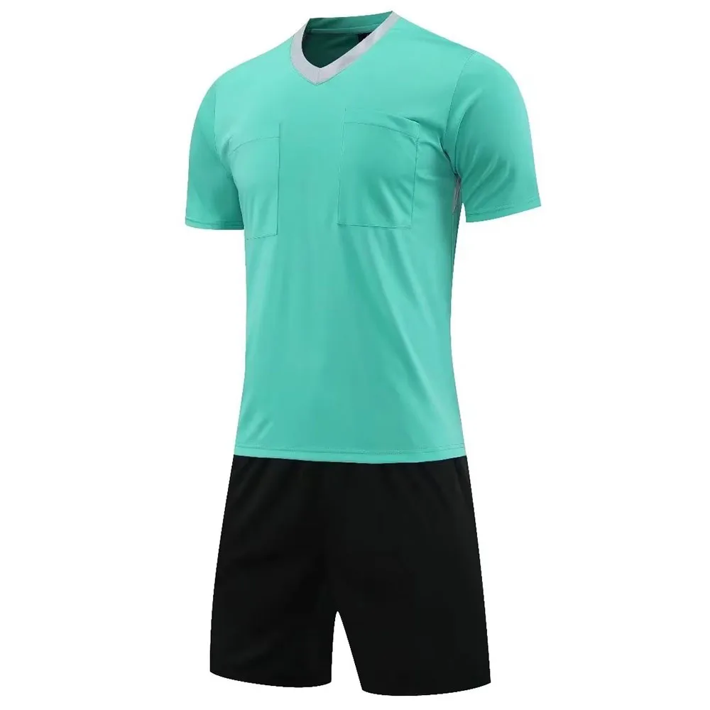 Men Referee Soccer Jersey Sets Professional V-neck Football Referee Uniform Short Sleeve Match Judge Pockets Shirt And Shorts