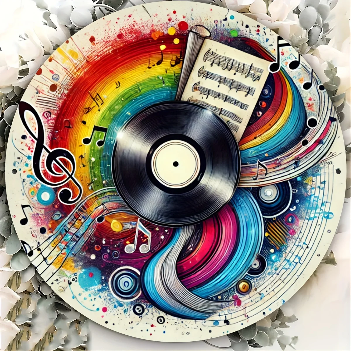 2D Flat, 1pc Vintage Vinyl Record Metal Wall Art  Music-Themed Foil Engraved Sign with Colorful Splatter Design