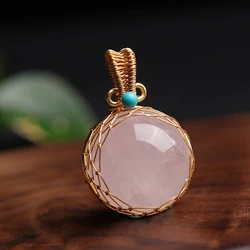 Natural Rose Quartz Crystal Ball Lucky Pendant Net Shape Golden Wire Wrapped Energy Gemstone Reiki Healing Spiritual Jewelry