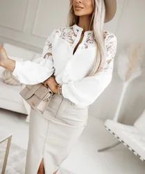 Women Chicturn Down Neck Lace Patch Beading Long Lantern Sleeves Button Casual Blouses Tops