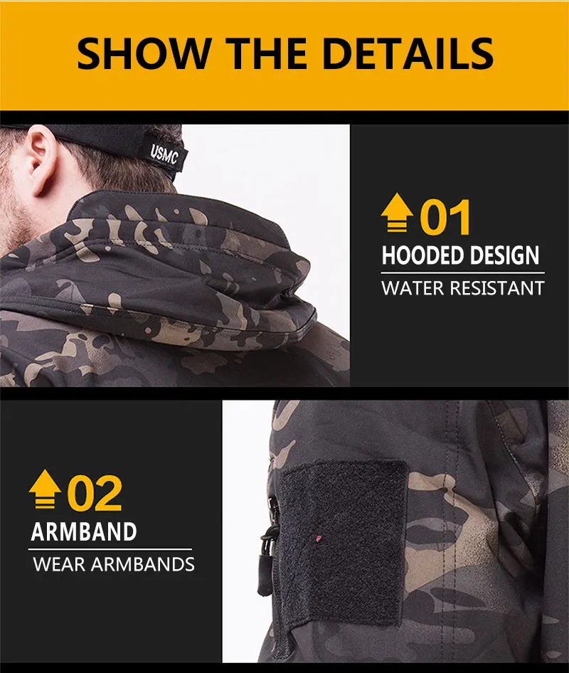 Winter Verdickter Herren Tarnanzug Wasserdichtes Taktisches Trainingsset Mehrfachtaschen-Kapuzenjacke Fleecehose Outdoor-Jagd 2-teilig – Detail 16