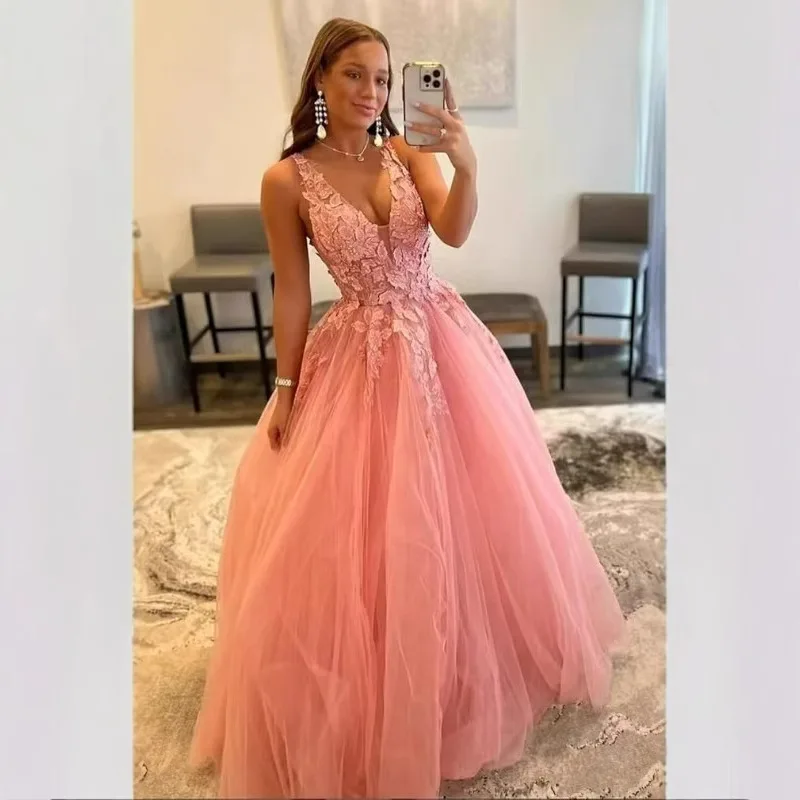

Customized A Line Women Evening Dresses V Neck Tulle Appliques Prom Birthday Party Gowns Formal Occasion Vestido De Fiesta