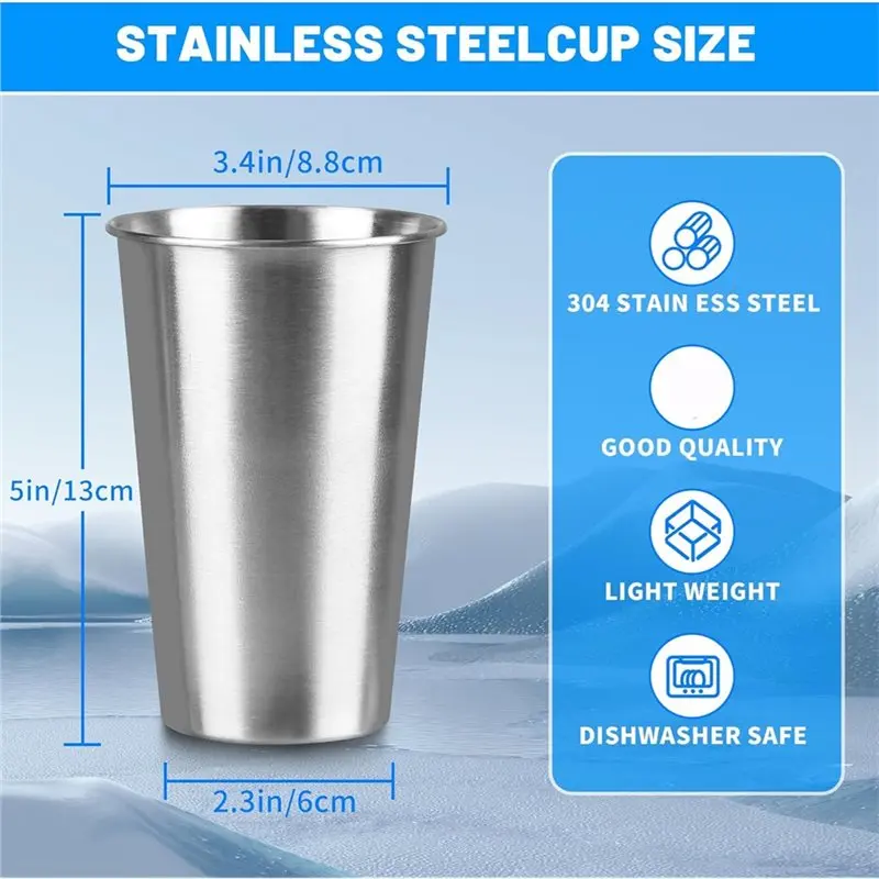 ABUN 16Pack 16 Oz Stainless Steel Pint Cups Metal Drinking Cup Reusable Durable for Home Camping Party Silver