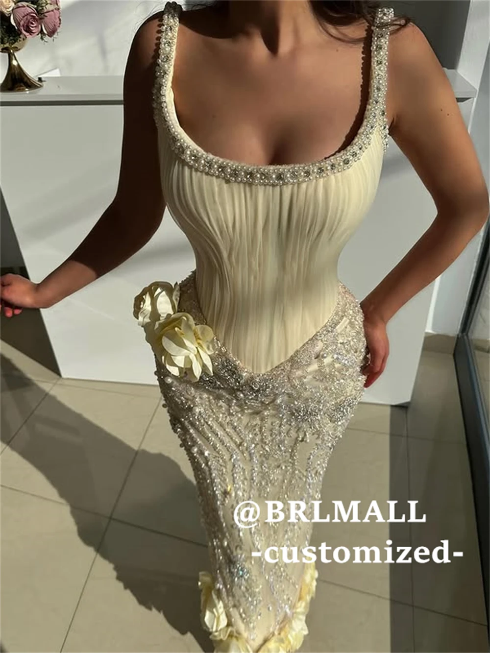 

BRLMALL Luxury Formal Evening Dress for Women - Pearls Straps Long Maxi Dress Prom Party Gown - Customized 3D Flowers Dresses