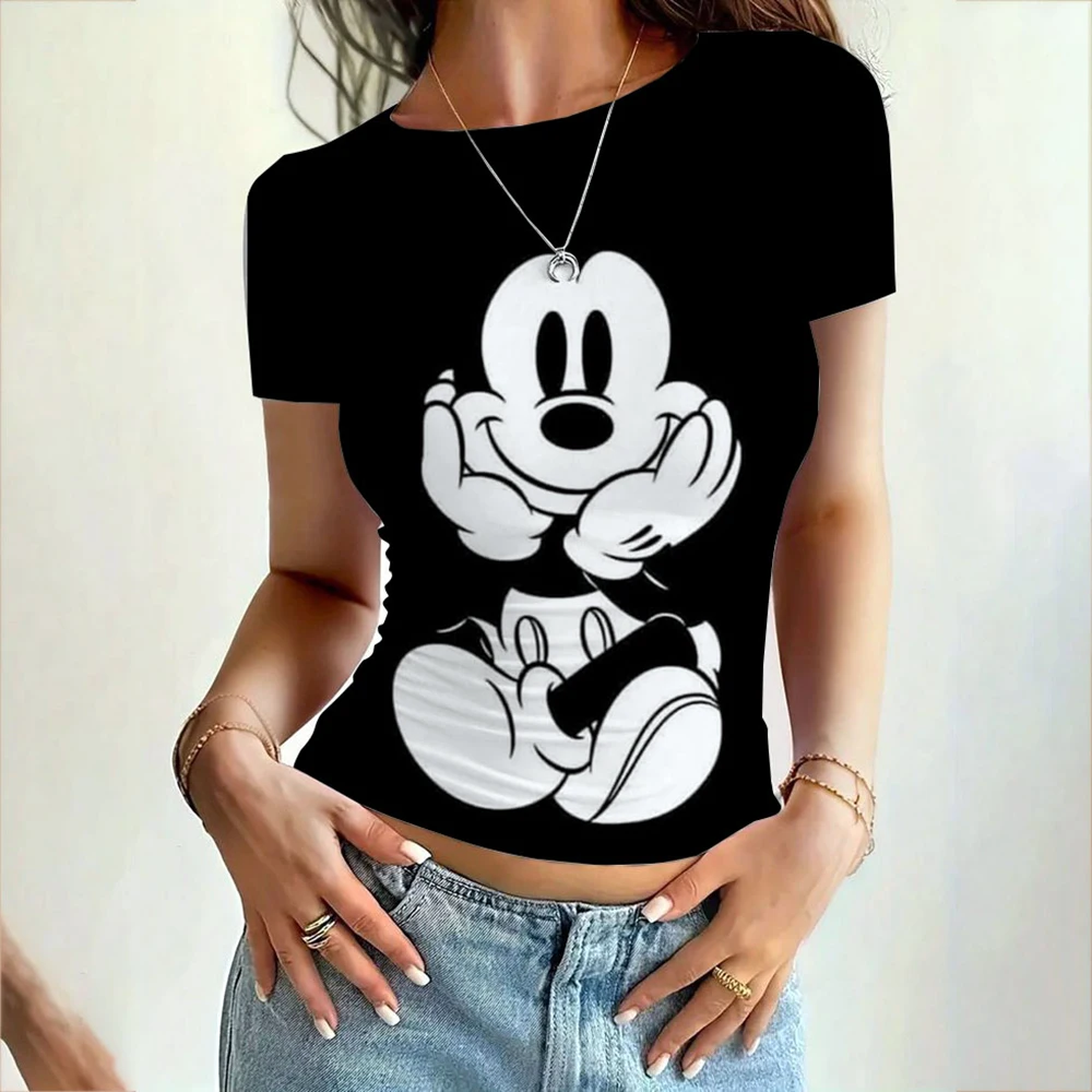 Women's clothing short sleeved T-shirt slim fit top Disney Mickey Mouse print women's round neck tight fitting T-shirt street we
