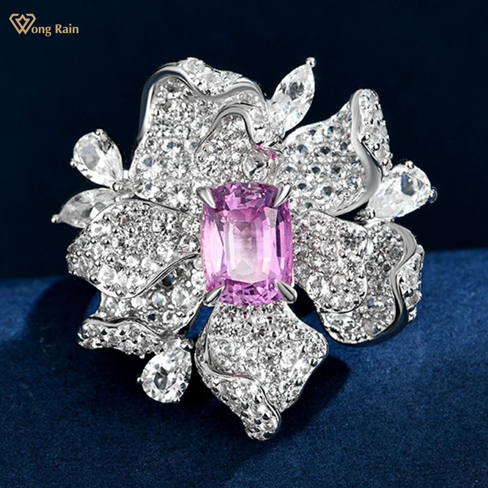 

Wong Rain Pass Test 925 Sterling Silver 2CT 6*8 MM Sapphire High Carbon Diamond Gems Flower Rings Engagement Fine Jewelry Gifts