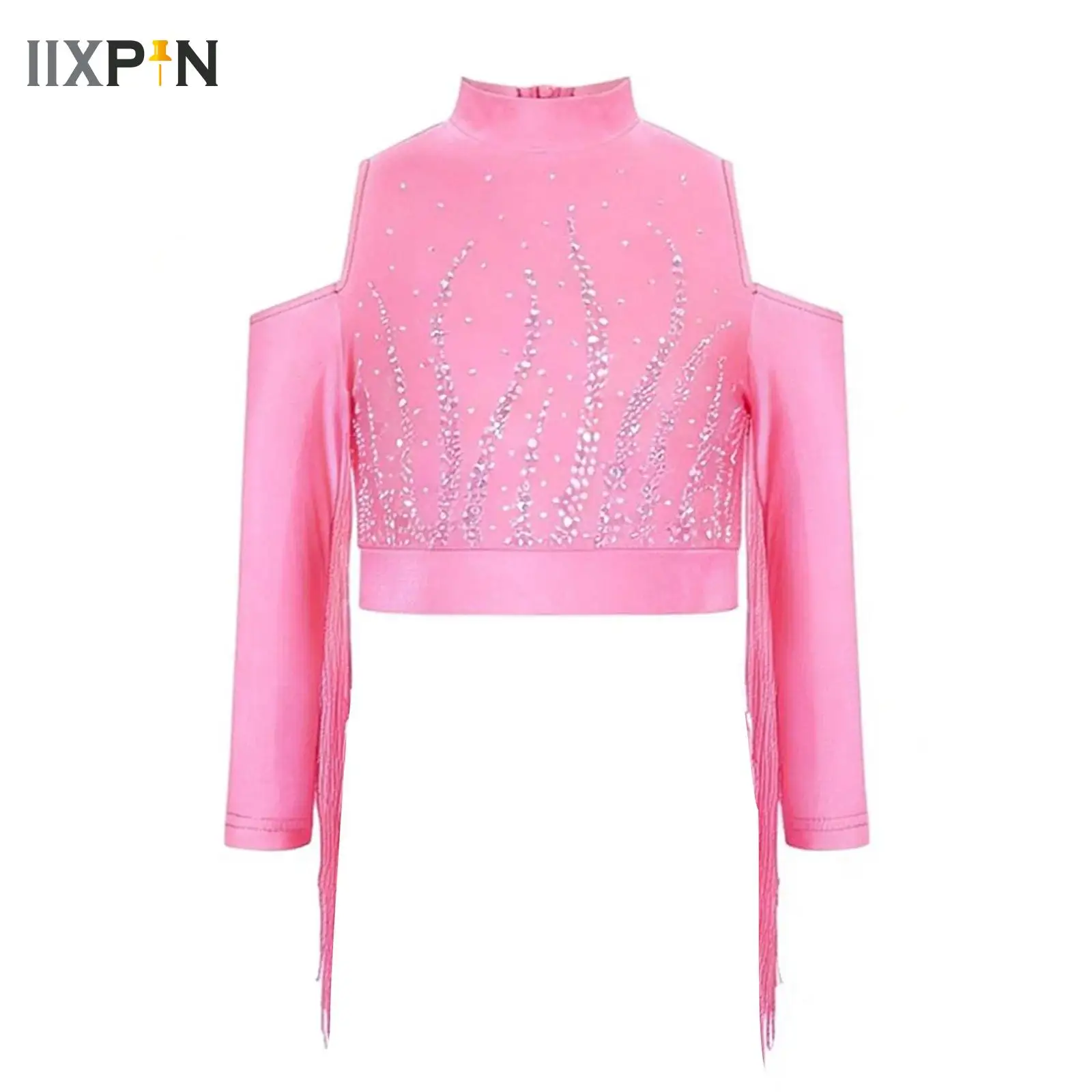 

Women Latin Dance Crop Tops Belly Dance Chacha Tango Performance Cold Shoulder Long Sleeve T Shirts Dancewear Sports Yoga Vest