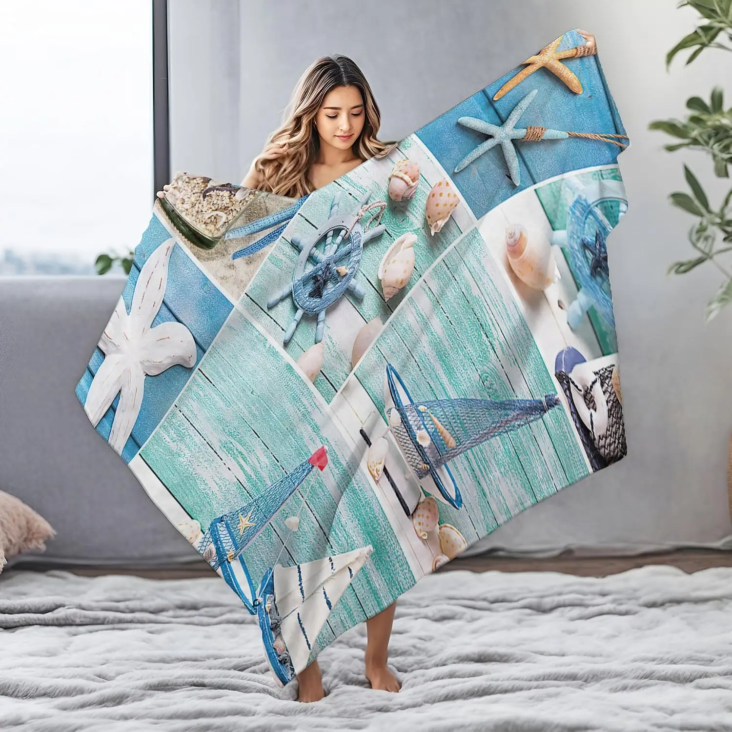 Blue White Wooden Plank Ocean Blanket Starfish Seashell Ship Wheel Fishing Net Print Soft Flannel for Sofa Beach Coastal Warm