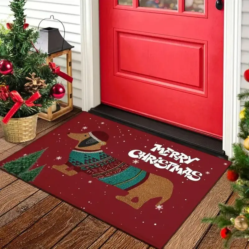 VIKAMA Xmas Welcome Mat Red Dachshund Ugly Sweater Hat Merry Front Door Rug Soft Non Slip Washable Christmas Holiday Decor