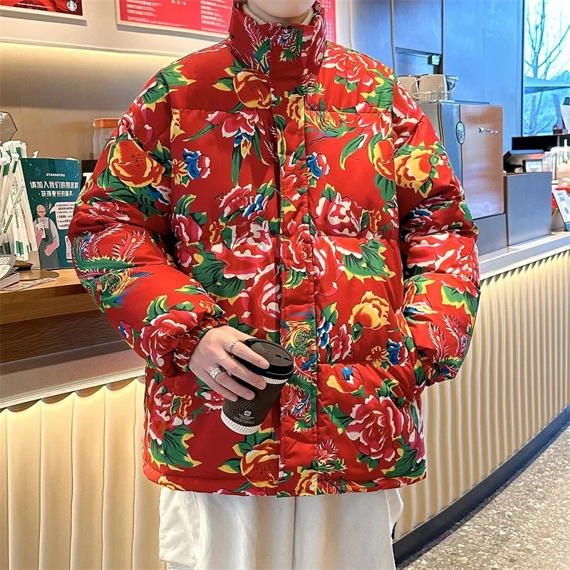 

Mens New Winter Thicken Short Parkas Coat Fashion Internet Celebrity Chinese Style Northeast Large Flower Cotton Jacket Men