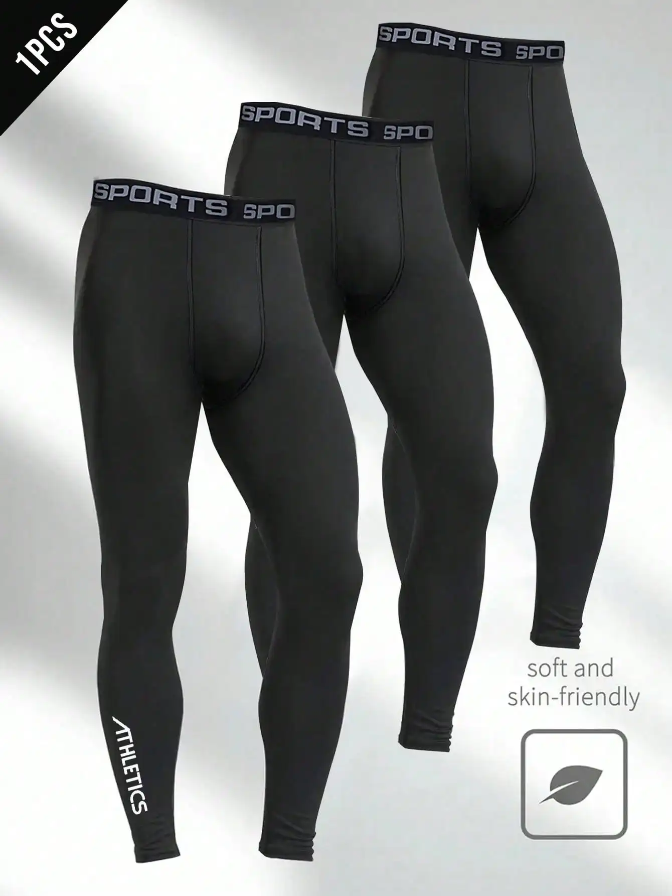 

Men's Black Compression Leggings with Sport Waistband and Side Print