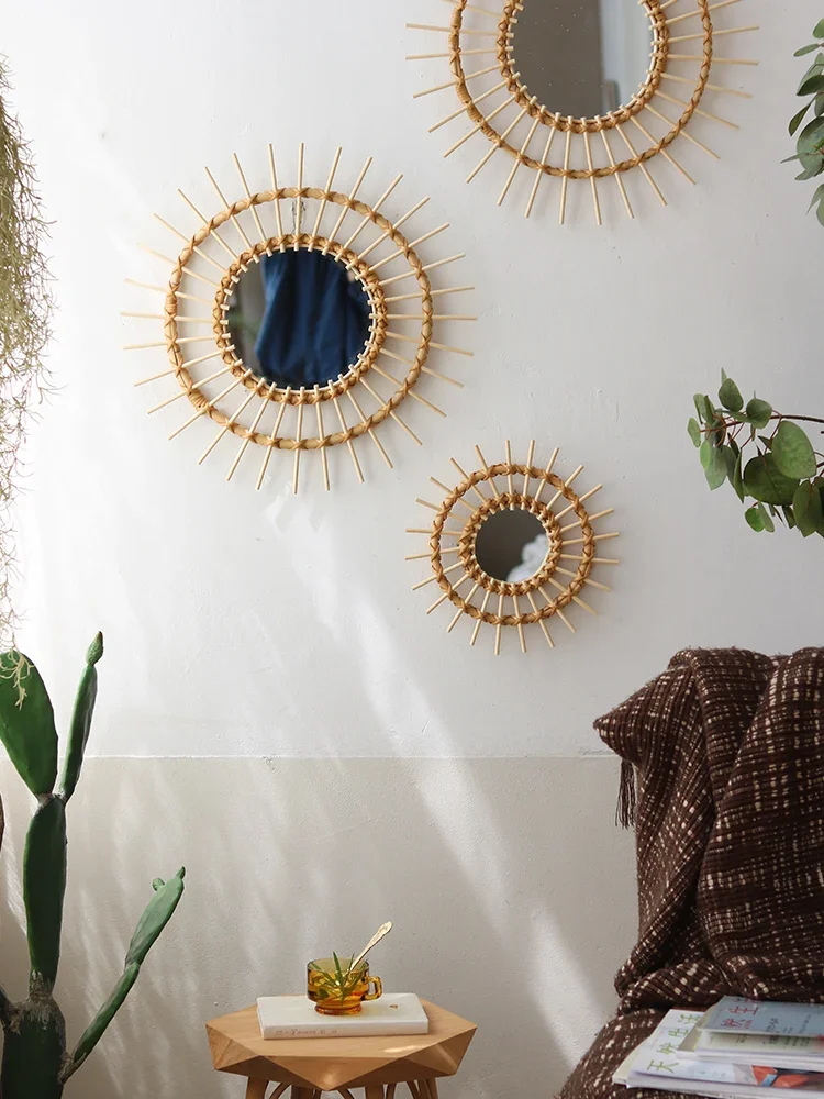 Rattan mirror art, wall hanging, porch decoration, round mirror, B&B, café, flower shop, hanging mirror, shooting props