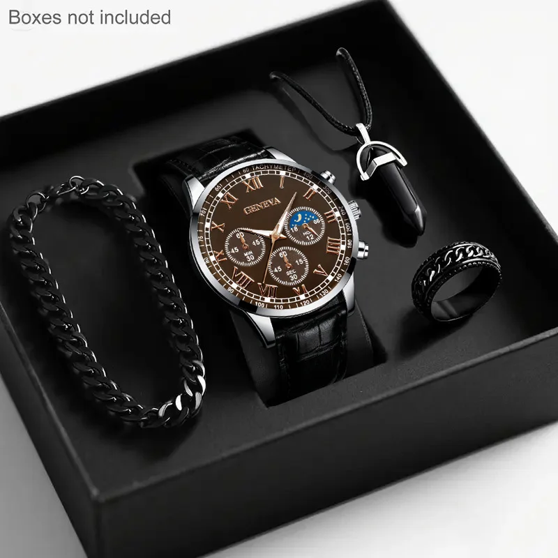 4pcs Men's Handsome Watch Casual Leather Strap Simulation Men's Quartz Watch Necklace Bracelet Ring Set