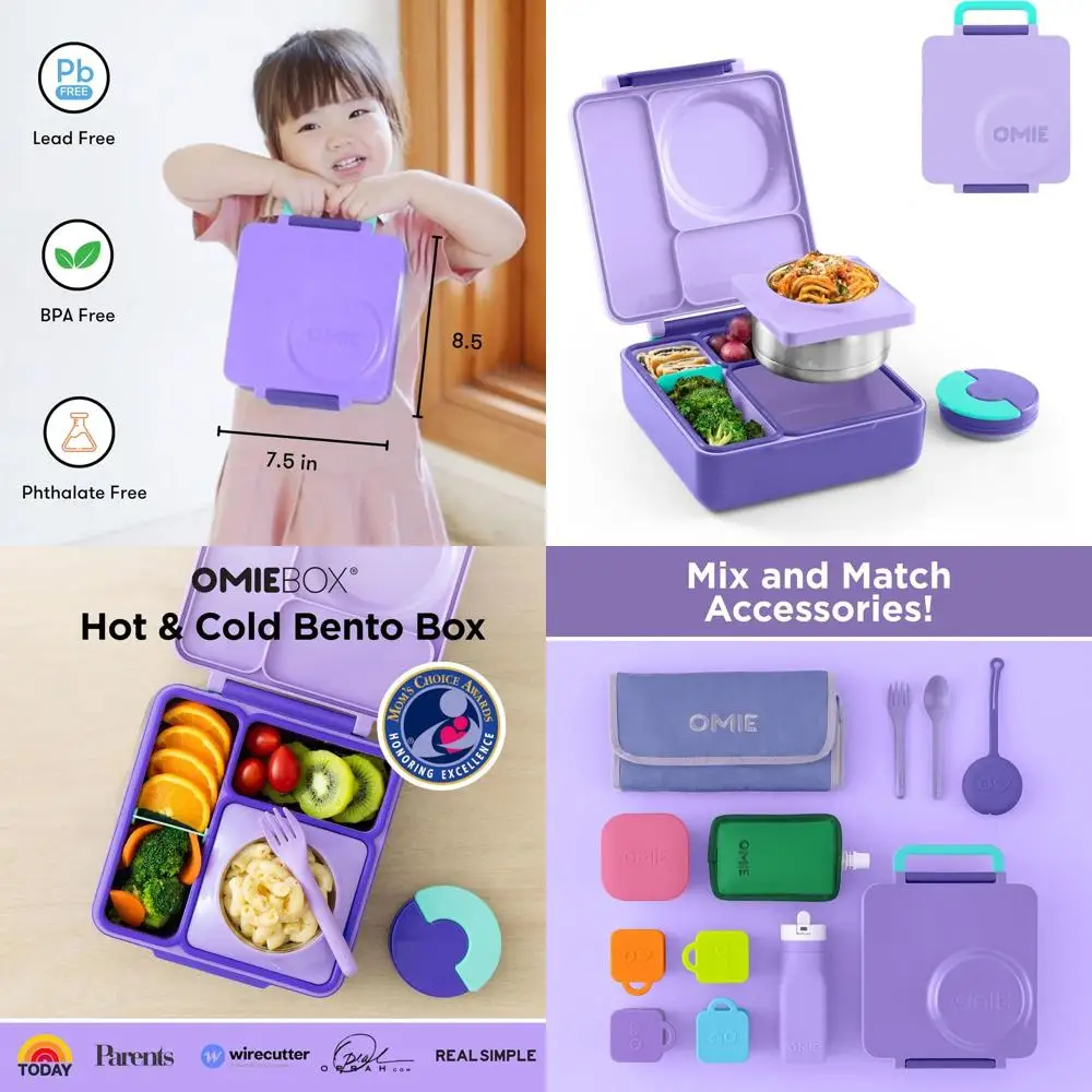 

Фиолетовый изолированный детский ланч-бокс Bento с герметичной вакуумной баночкой для еды и 3 отделениями