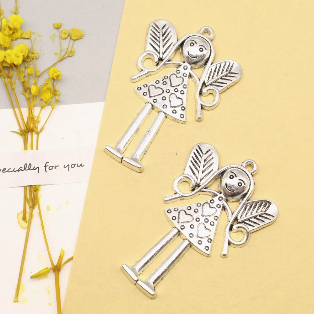 Girl Angel Pendants Woman Pendant Crafts Accessories Handmade Jewerly 38x58mm 2pcs Antique Silver Color