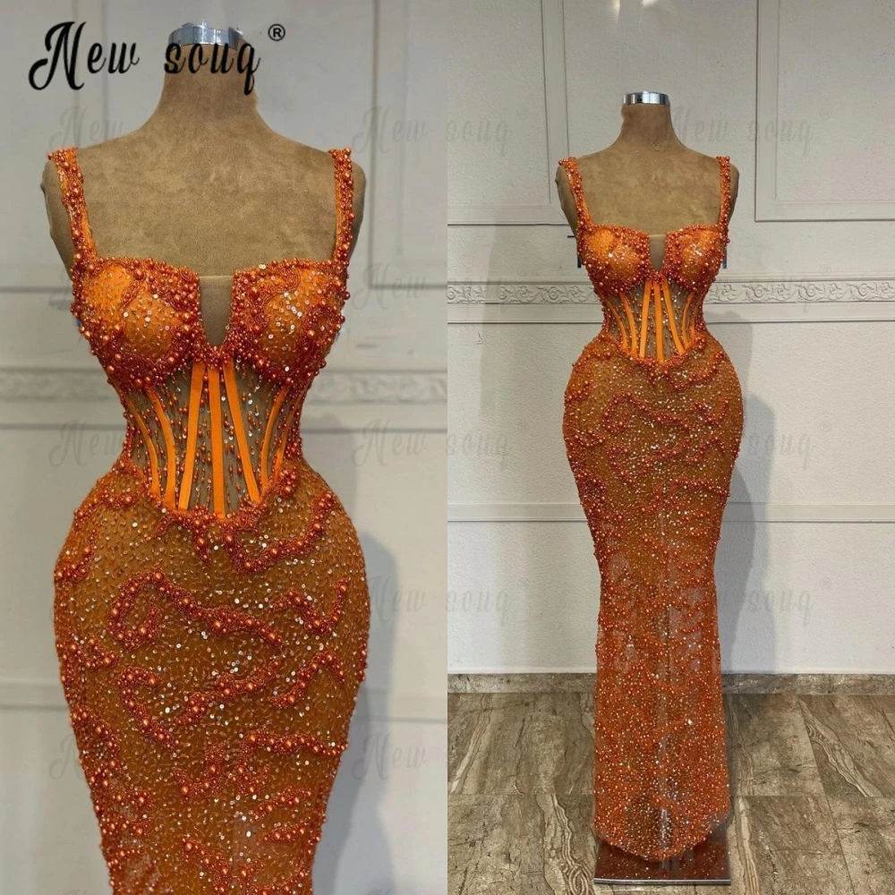 

Spaghetti Straps Orange Beaded Party Dress Beautiful Corset Waist Embroidery Night Dinner Gown Women Formal Pageant Outfit Dress