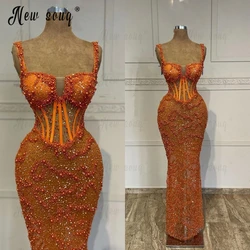 Alças de espaguete feminino frisadas de laranja vestido de festa, lindo espartilho bordado na cintura, vestido noturno, concurso formal