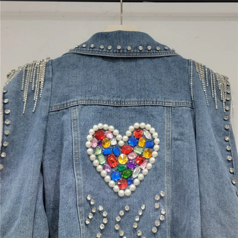 

Heavy Work Pocket Diamonds Tassels Beading Denim Jacket Women Hem Frayed Slim Cowboy Waistcoat Autumn Korean Jeans Jacket Female