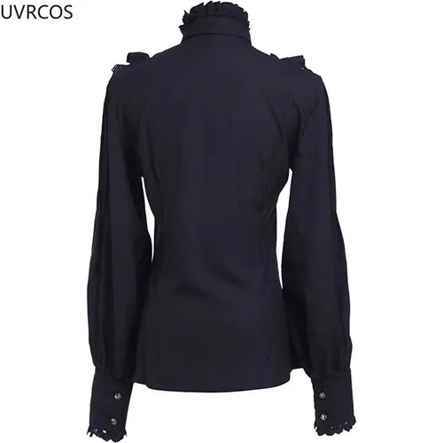Imagen 2 del producto Camisas japonesas victorianas Vintage de Lolita para mujer, blusas ajustadas de manga larga acampanadas Vintage para mujer, blusas góticas Y2k en blanco y negro