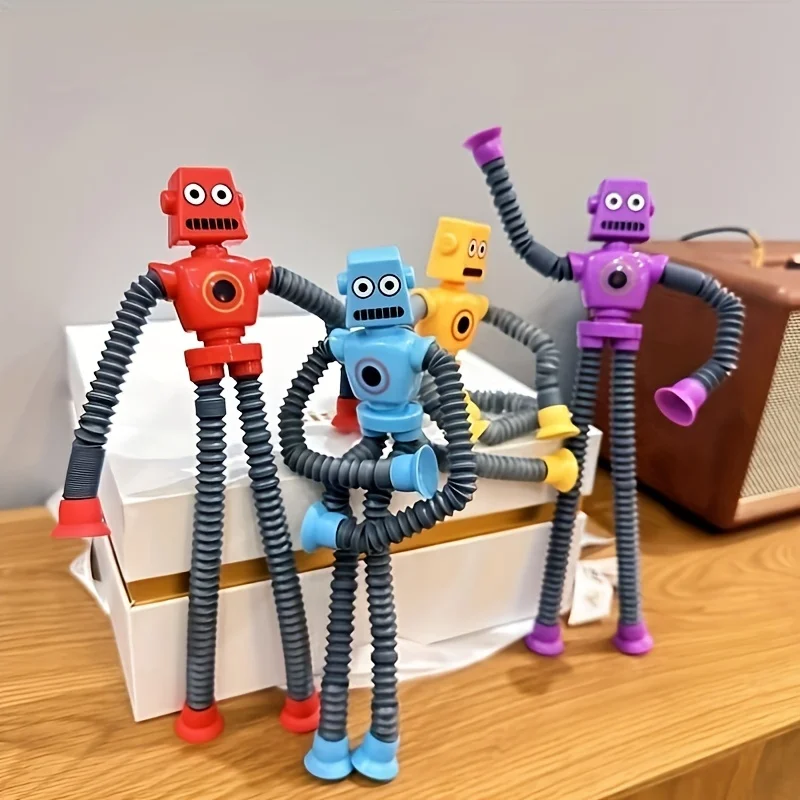 4 Stuks Variëteit Robot Leuke Intrekbare Buis Educatief Speelgoed, Glow-In-The-Dark Cartoon Zuignap Stress Reliëf Interactief Speelgoed