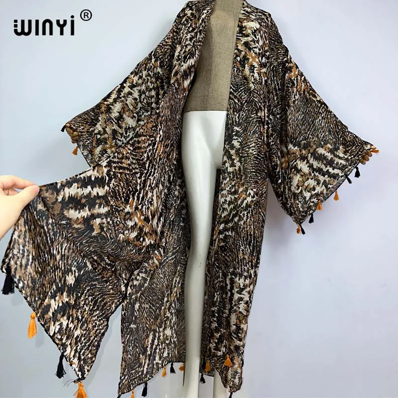 WINYI Summer Leopard print party Beach Wear Swimsuit Cover up Africa women Cardigan colorful sexy Holiday long Sleeve Kimono