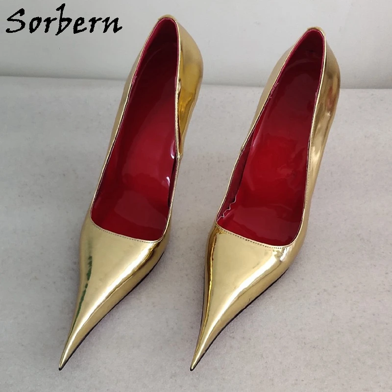 Sorbern Gold Metallic Women Pump Shoes Metal High Heel 12Cm Stilettos Long Pointed Toe Slip On Shoes Sissy Boy Footwear Custom