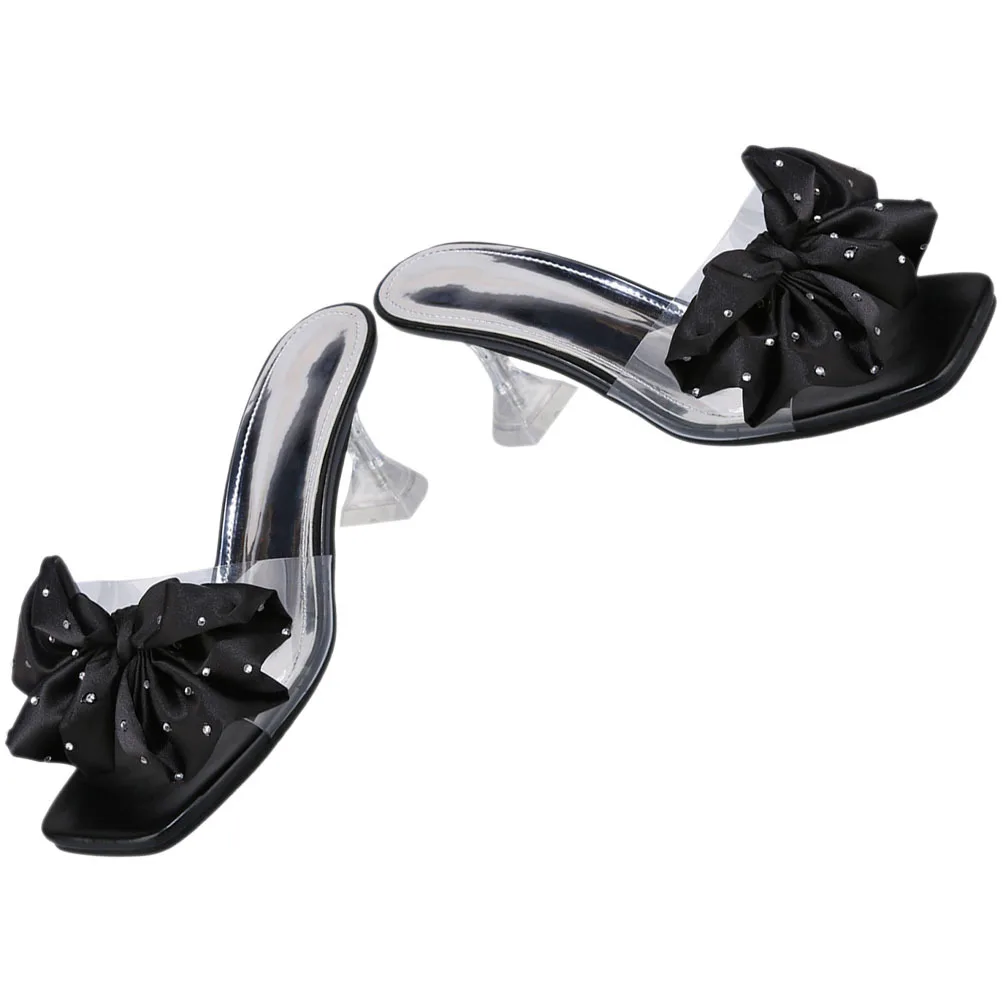 

1 пара женских шлёпанцев на каблуке с бантом, элегантные босоножки на высоком каблуке, шикарная удобная уличная обувь, стильные тапочки с галстуком-бабочкой