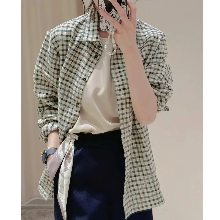 Withered Versatile Lazy Style Loose Cotton Linen Blend Plaid Shirt Top Woman Clothes Shirts & Blouses Women's Clothes Shirts Top