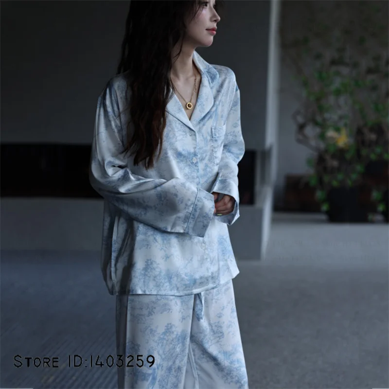 Sexy Women's Pijamas Lingerie Silky Satin Long Sleeve Trouser Pajamas Set Spring Autumn Print Flower Homewear Loungewear Pyjama