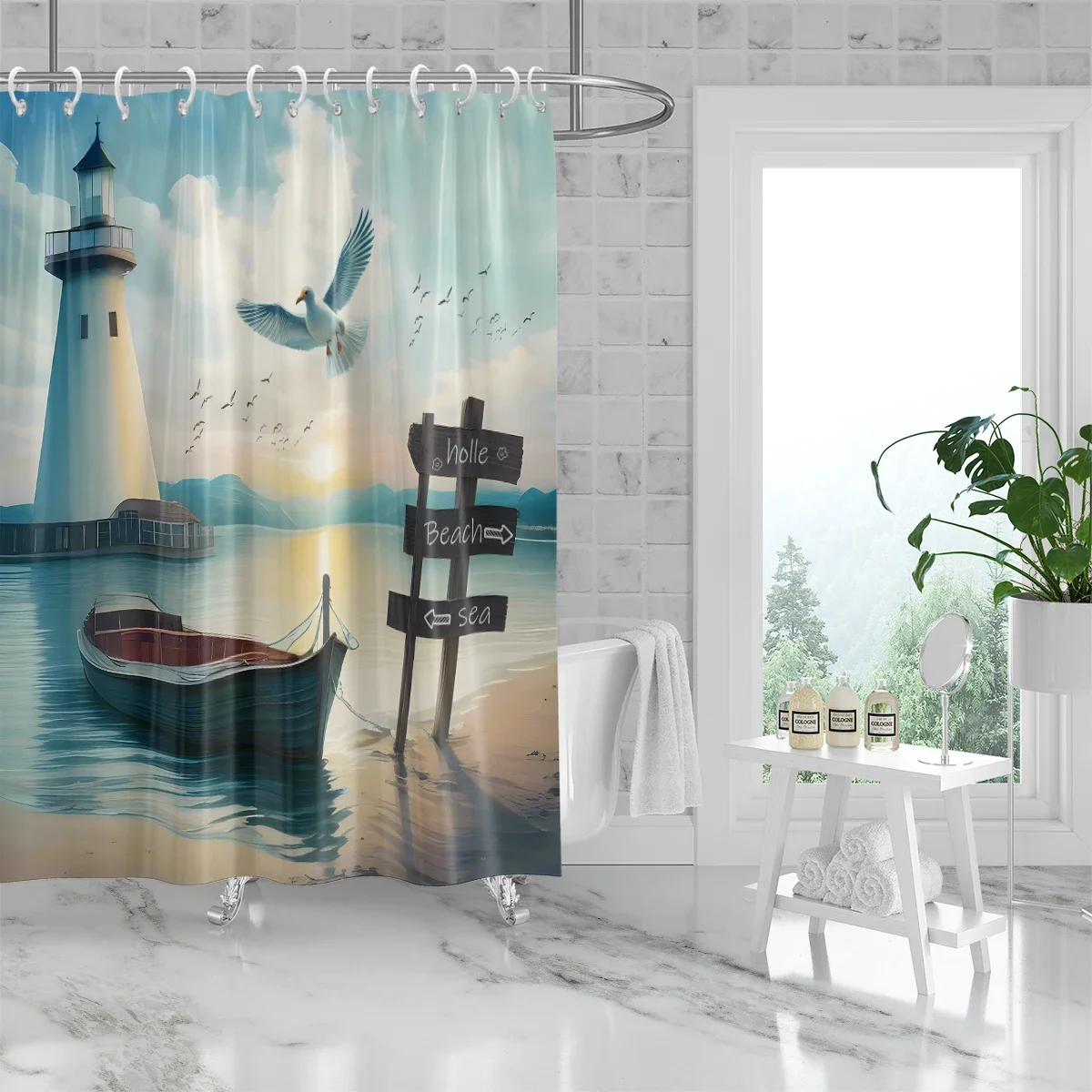 Scenic Lighthouse and Seagull Shower Curtain with Beach Sign for Bathroom Decor Waterproof Fabric Includes Hooks