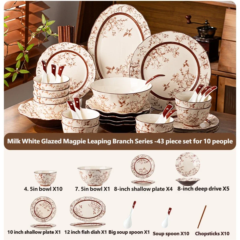 Tableware Set Magpie Leaping 9/19/27/35/43pcs Premium Ceramics Dish Sets Full Set Luxury China Dinnerware Set 2/4/6/8/10 Persons