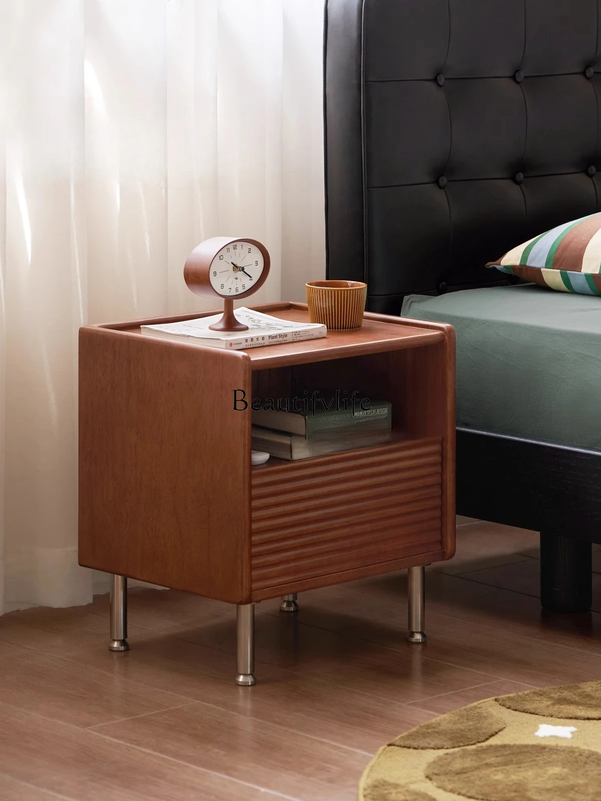 

Pure Solid Wood Bedside Table Small Vintage Mid-century Style Home Bedroom Storage Cabinet