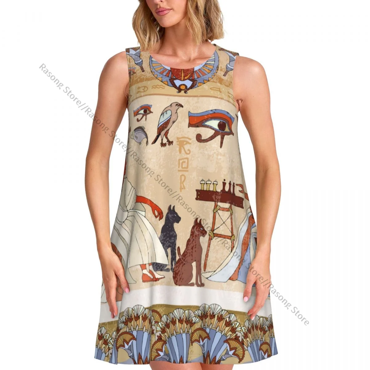 Women's Dress Murals Ancient Egypt Scene Egyptian Gods Pharaohs Hieroglyphic Summer Casual T Shirt Beach Cover up Tank Dress