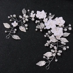 Ceramic Flowers Wedding Headbands for Bride Crystal Pearls Hairbands Women Hairpins Bridal Headpiece Hair Jewelry Accessories
