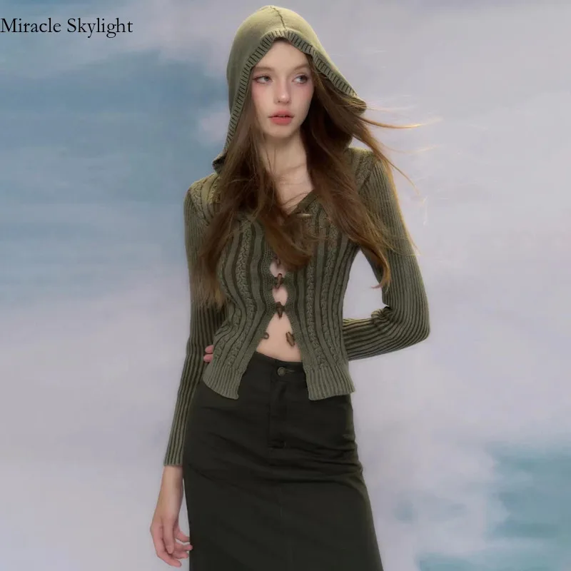 Wind Hooded Sweater Women, Sweet And Spicy, Slim Fit, Long Sleeved Cardigan With Button Top For Women