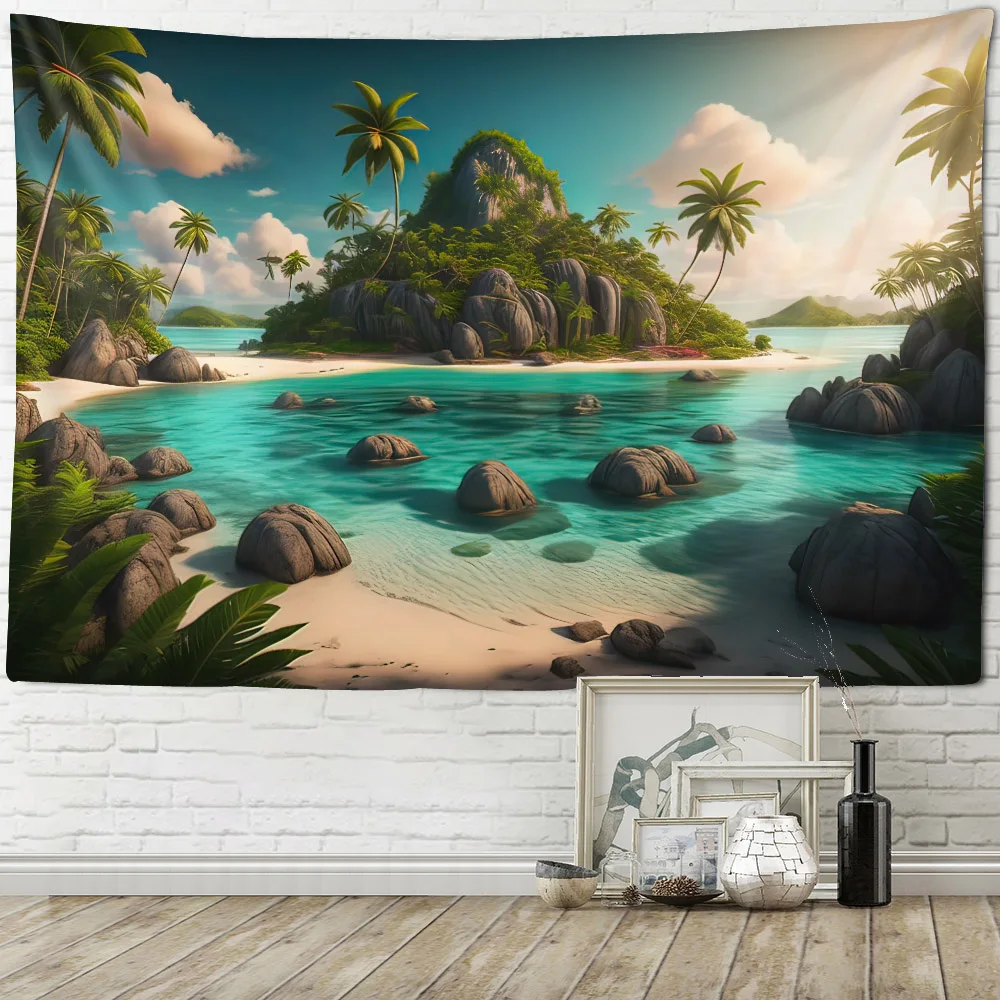 Tropical Hawaiian Island Beach Tapestry with Wooden House Blue Sky Sunshine Palm Tree Wall Hanging Home Decor Background Cloth