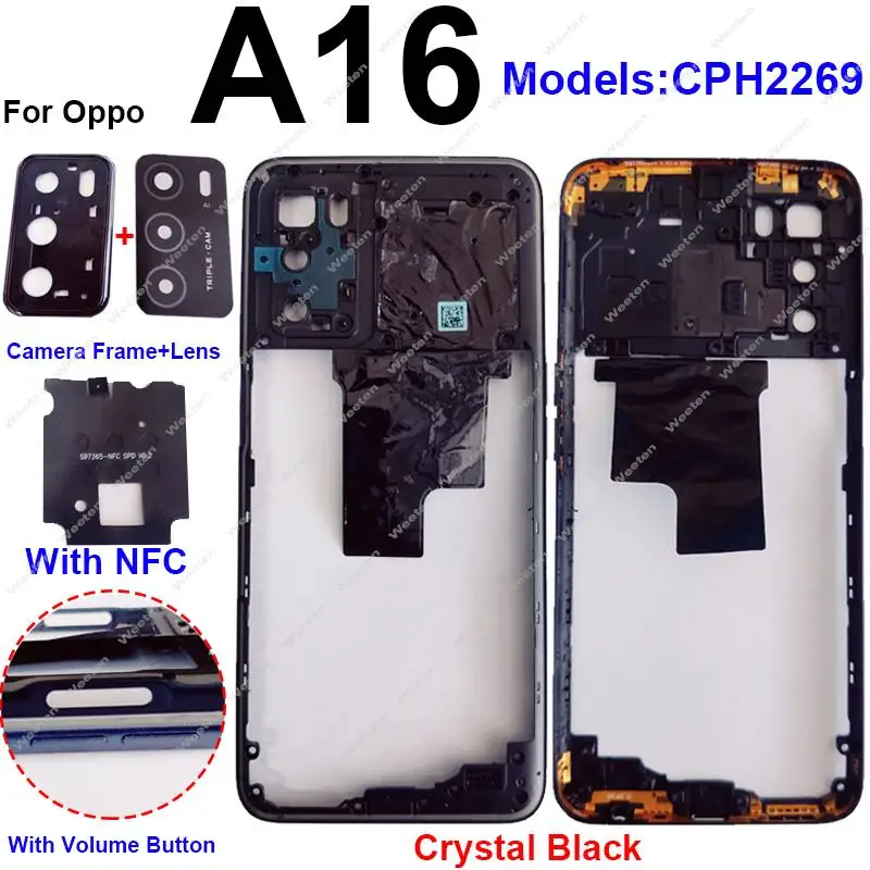 Middle Frame Housing Cover For OPPO A16 A16S Middle Frame Bezel with/without NFC Side Button Camera Frame Lens Parts