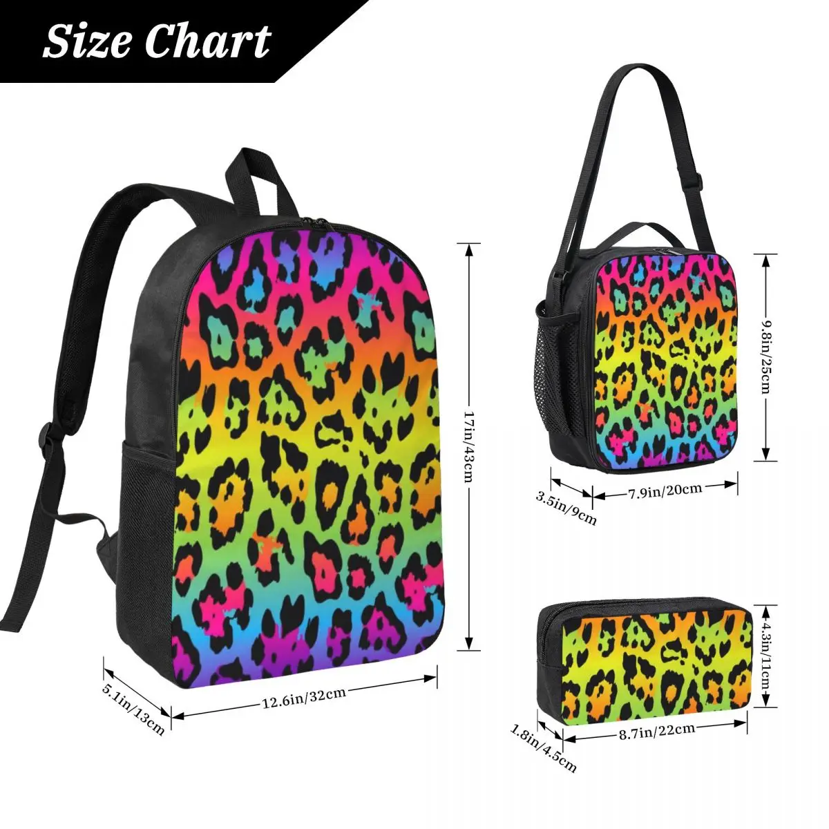 

Rainbow Leopard Print Backpack Student Boys Girls BookBag School Bag Computer Shoulder Bags 3ps Insulated Lunch Bag Pencil Case