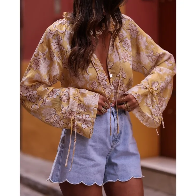 Boho Vacation Long Sleeve Shirt Fashion Flare Sleeve Lace-up V-neck Single Breasted Women Shirt 2025 New Floral Print Blouse Top