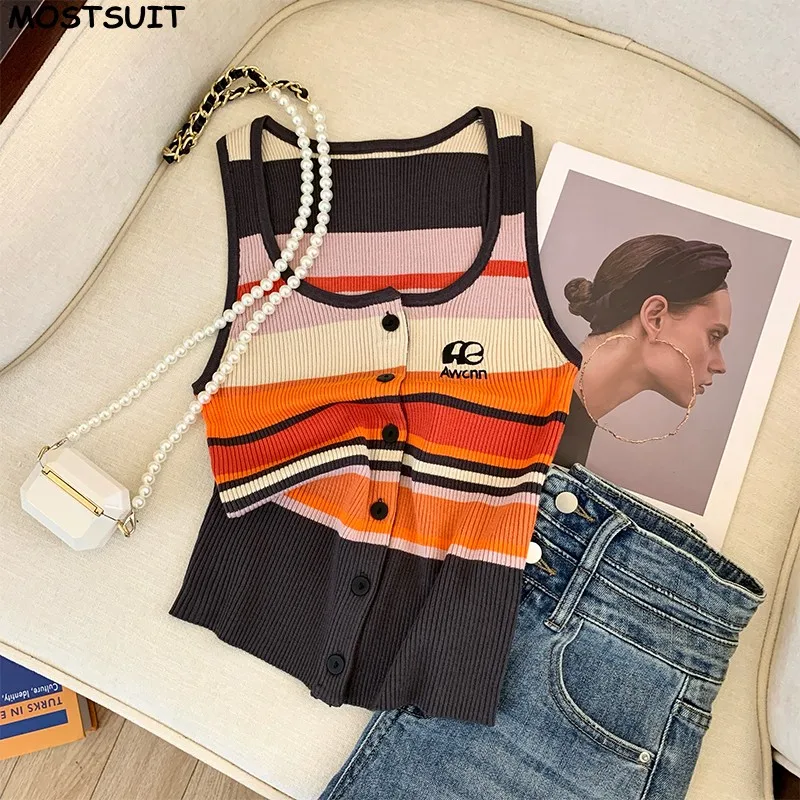 

Striped Slim Knit Sweater Vests For Women Summer 2024 New Fashion Sleeveless Single-breasted Sexy Crop Tops Knitwear Jumpers