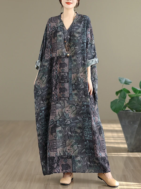 Retro V-ne Baumwolle Leinen Dr Blumendruck Urlaub Sle Reise Langer Rock Damenbekleidung Lose Taille H-pe Herbst Frühling