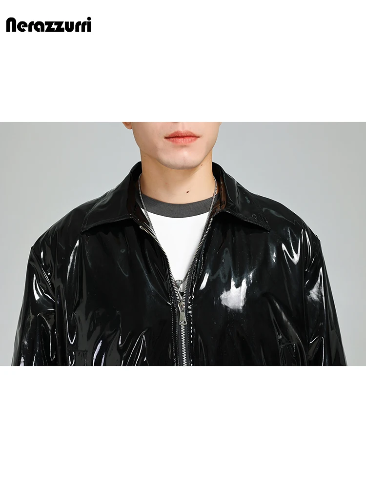 Nerazzurri Spring Autumn Cool Soft Light Black Shiny Reflective Patent Pu Leather Jacket Men with Zipper Y2K Streetwear 2023