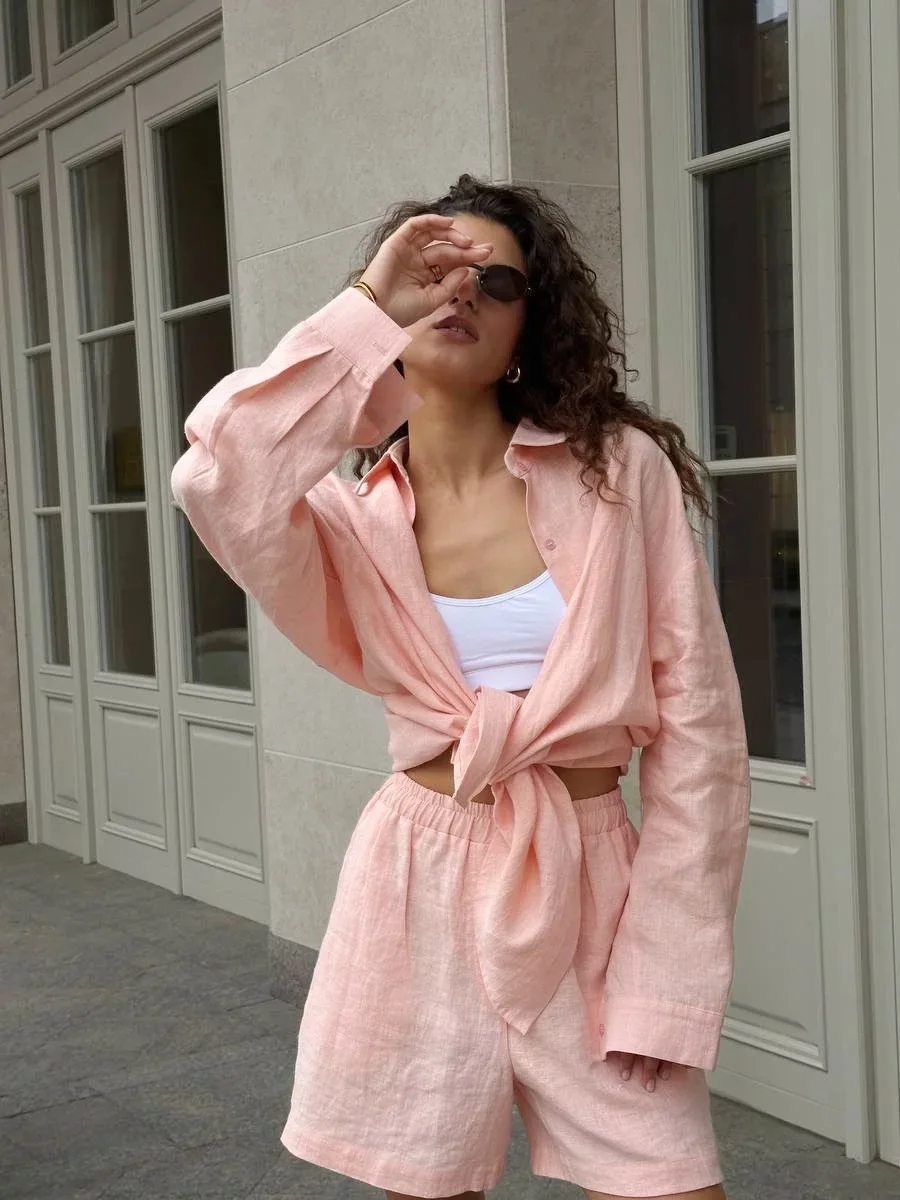 

Комплект женских повседневных шорт из 100% хлопка, однотонная удобная рубашка с длинными рукавами и лацканами, летний комплект шорт с эластичной резинкой на талии