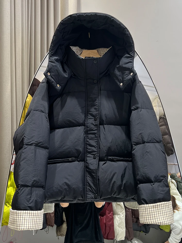 Winte new flip sleeve contrasting color plaid hooded down jacket women loose and thick versatile casual bread warm coat