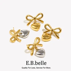 E.B.belle Bow Shaped Heart-shaped Earrings Waterproof 316L Stainless Steel Jewelry 18K Gold Plated Earrings for Women