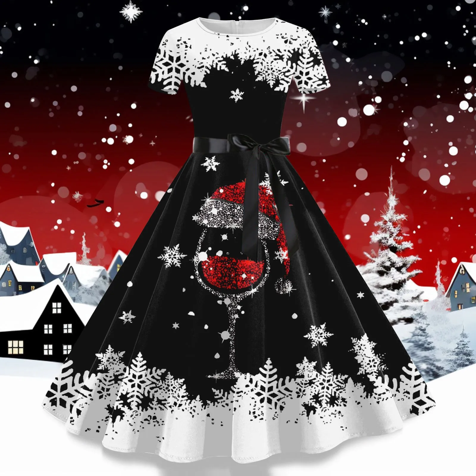 Robe Christmas Dresses for Women Winter Pinup Rockabilly Sexy Cosplay Party Dress Santa Claus Wine Print Cocktail Prom Dress